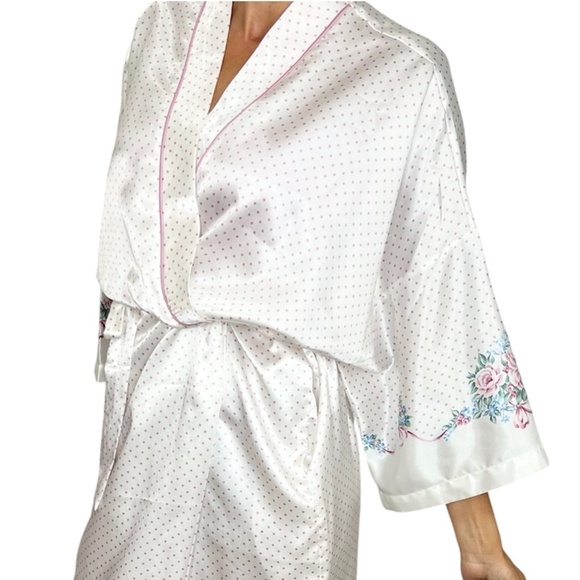 Vintage Linda Bis white satin pink polka dot kimono robe jacket OS - Picture 1 of 15